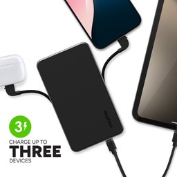 Charge up to Three Devices at Once || Use the USB-C port and the integrated Lightning and USB-C cables to charge multiple devices at once. Charge up to Three Devices at Once || Use the USB-C port and the integrated Lightning and USB-C cables to charge multiple devices at once.
