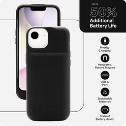 The mophie juice pack battery case for iPhone 16e can provide up to 50% of additional battery life.  The mophie juice pack battery case for iPhone 16e can provide up to 50% of additional battery life.